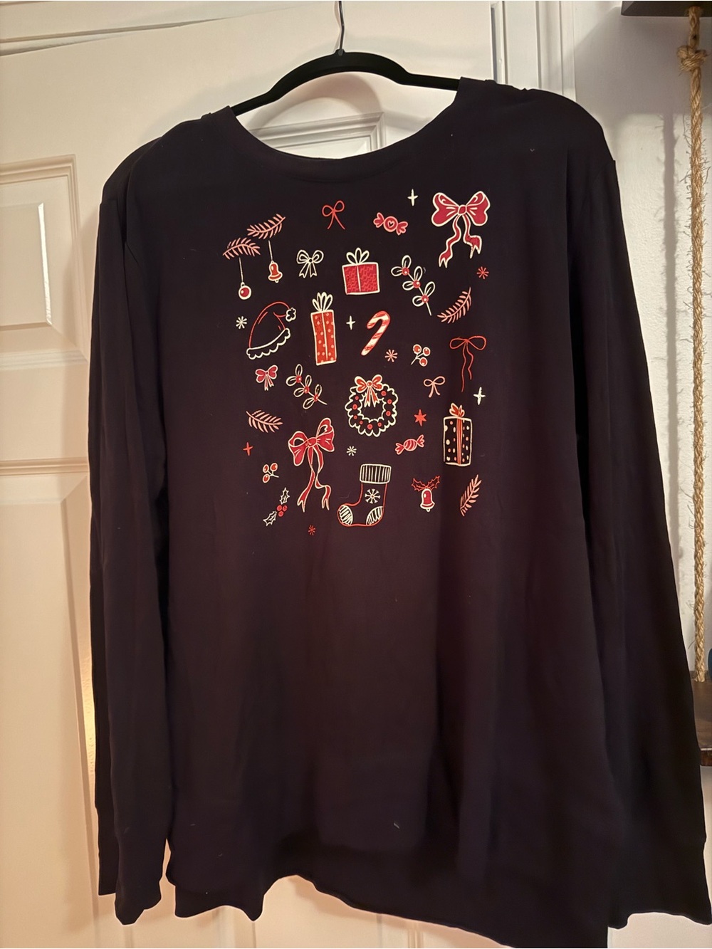 Holiday Time Black Long-Sleeve Tee with Red & White Holiday Icons